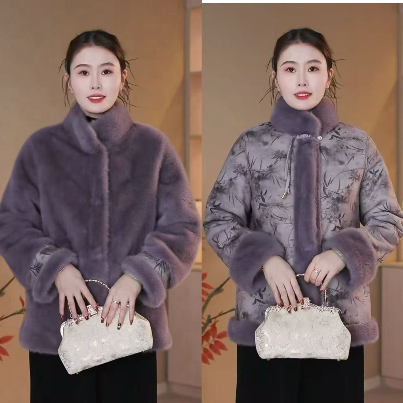 冬季新中式女装中老年一体加绒两面穿外套