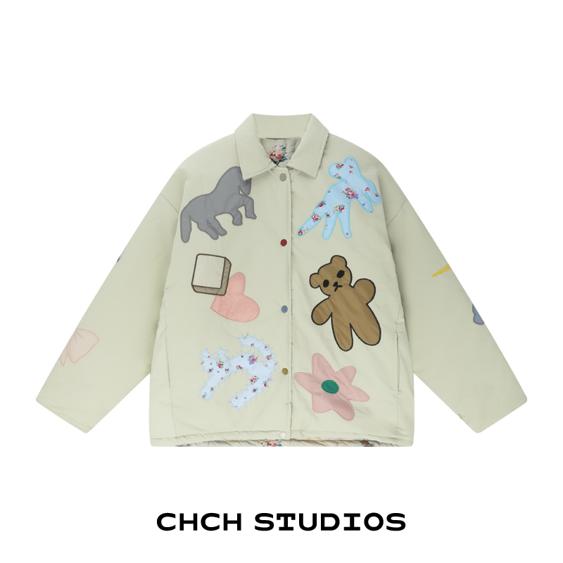 RAWT124060时尚卡通贴布绣棉服女2025年冬季两穿翻领立体刺绣上衣