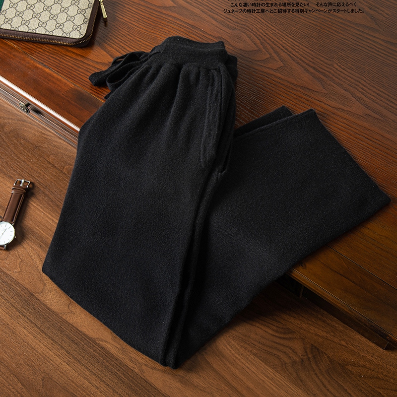 专柜精品】男士精纺纯山羊绒时尚高腰带兜抽条针织长裤外穿直筒裤
