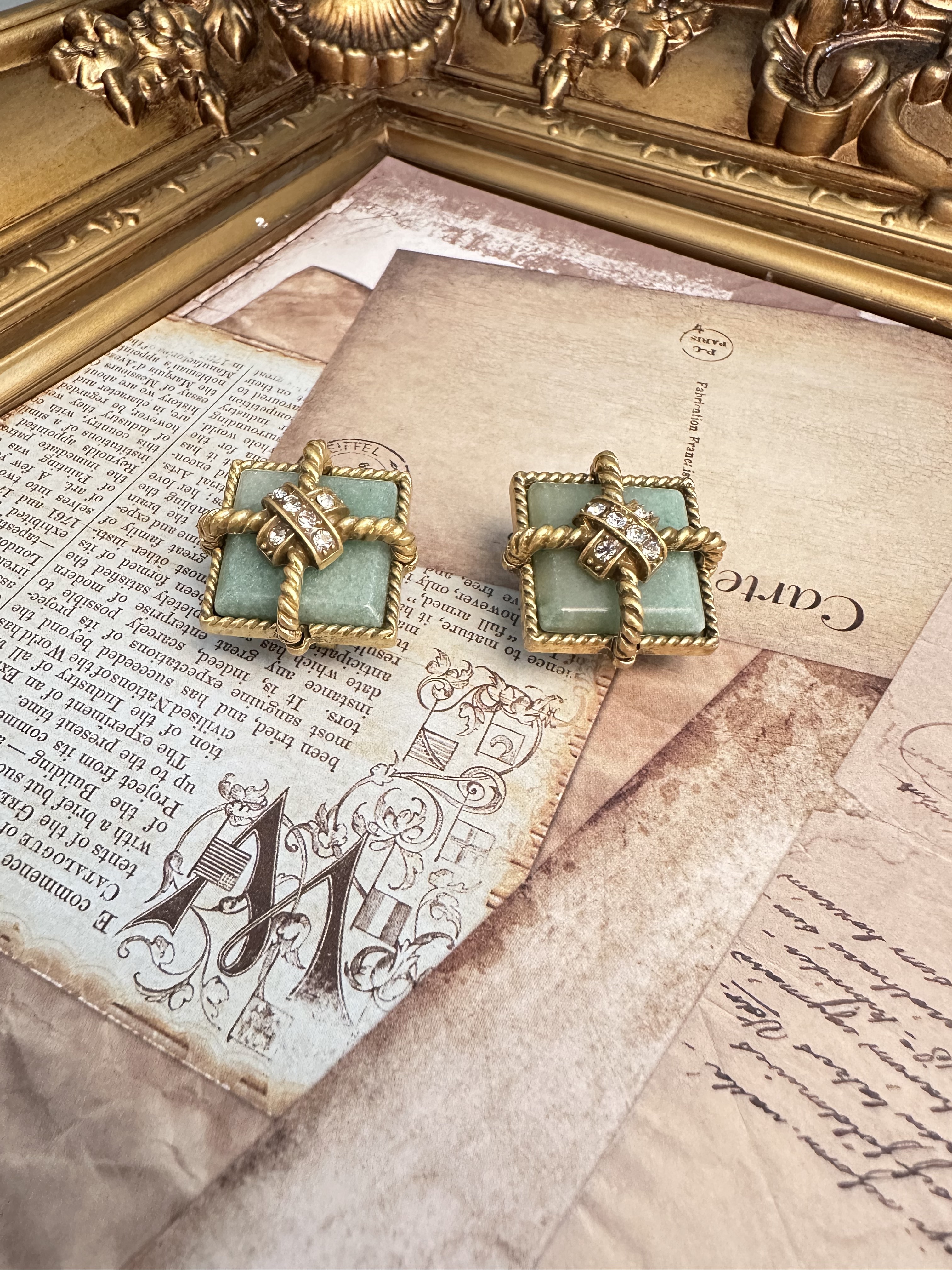 铜合金锆石耳饰 中古铜合金石头方形耳钉 0621E