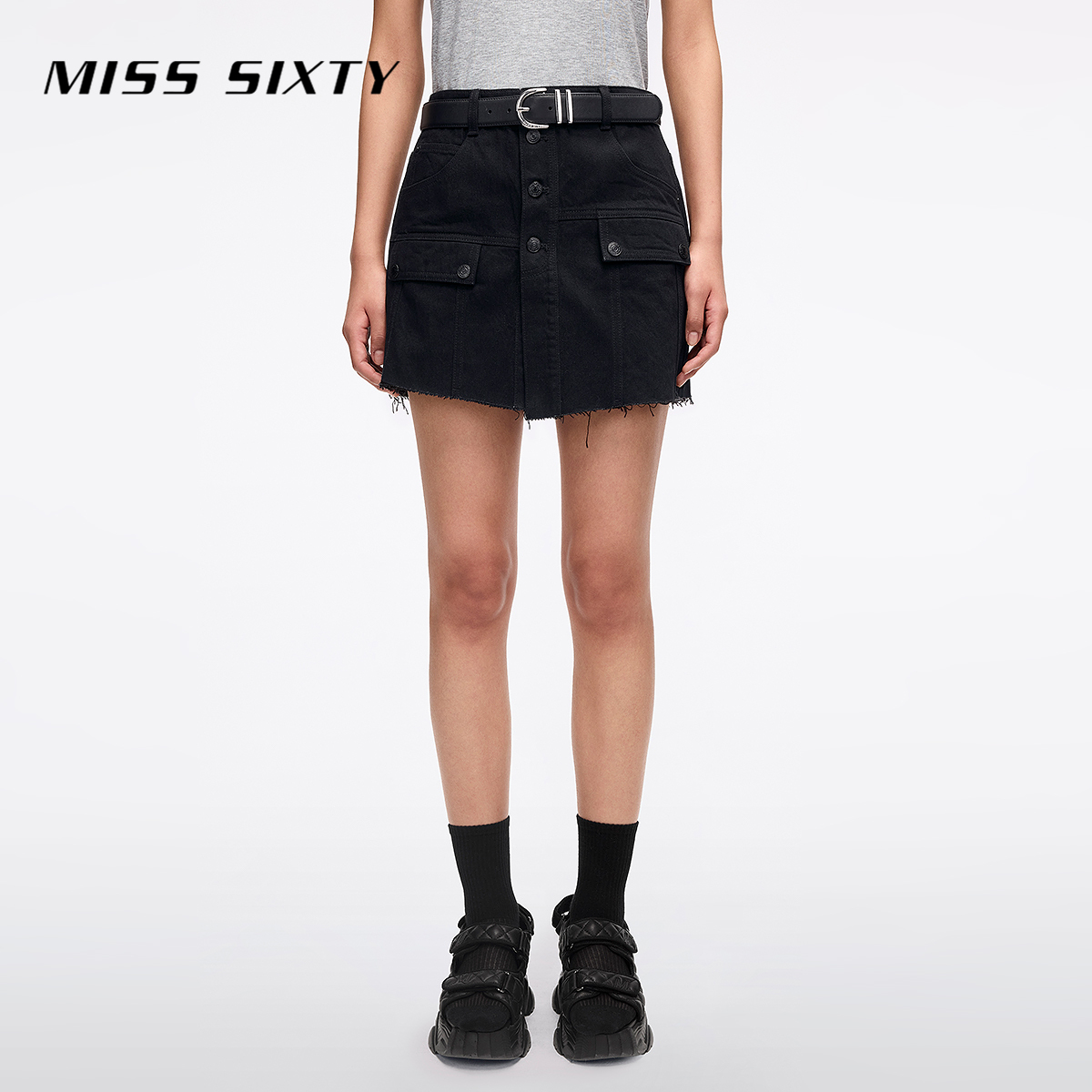 Miss Sixty2025夏季新款牛仔短裤女假两件工装多口袋高腰毛边裙裤