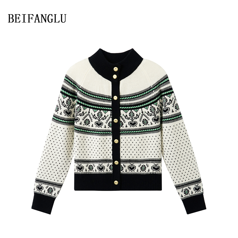 北方鹿【费尔岛提花开衫】100绵羊毛撞色波点立领针织外套女251321