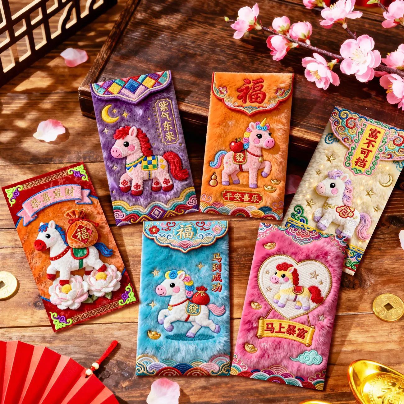 乔迁爆款2026马年5D平面仿毛绒刺绣风红包春节创意压岁拜年利是封