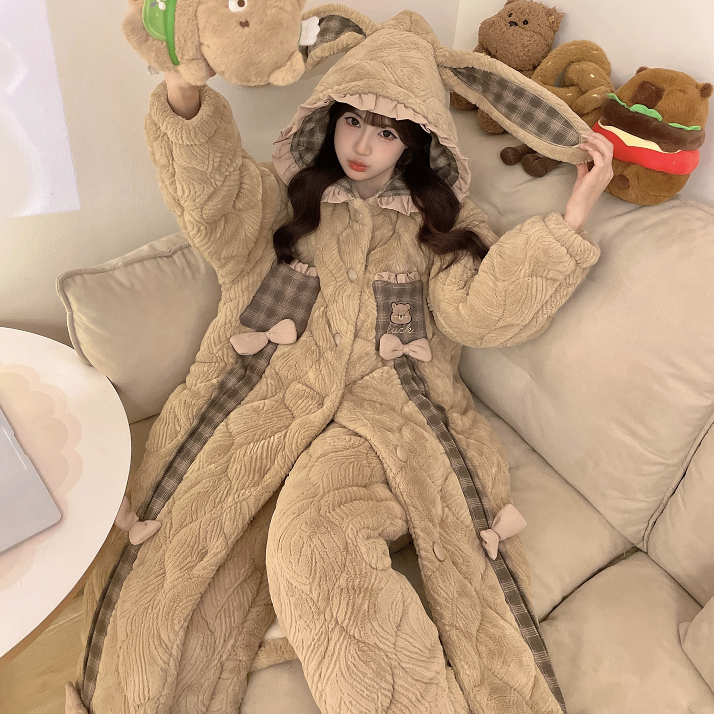 【H621咖色冬季新款袍套睡衣】女士三层加厚加绒夹棉睡衣套装可外穿