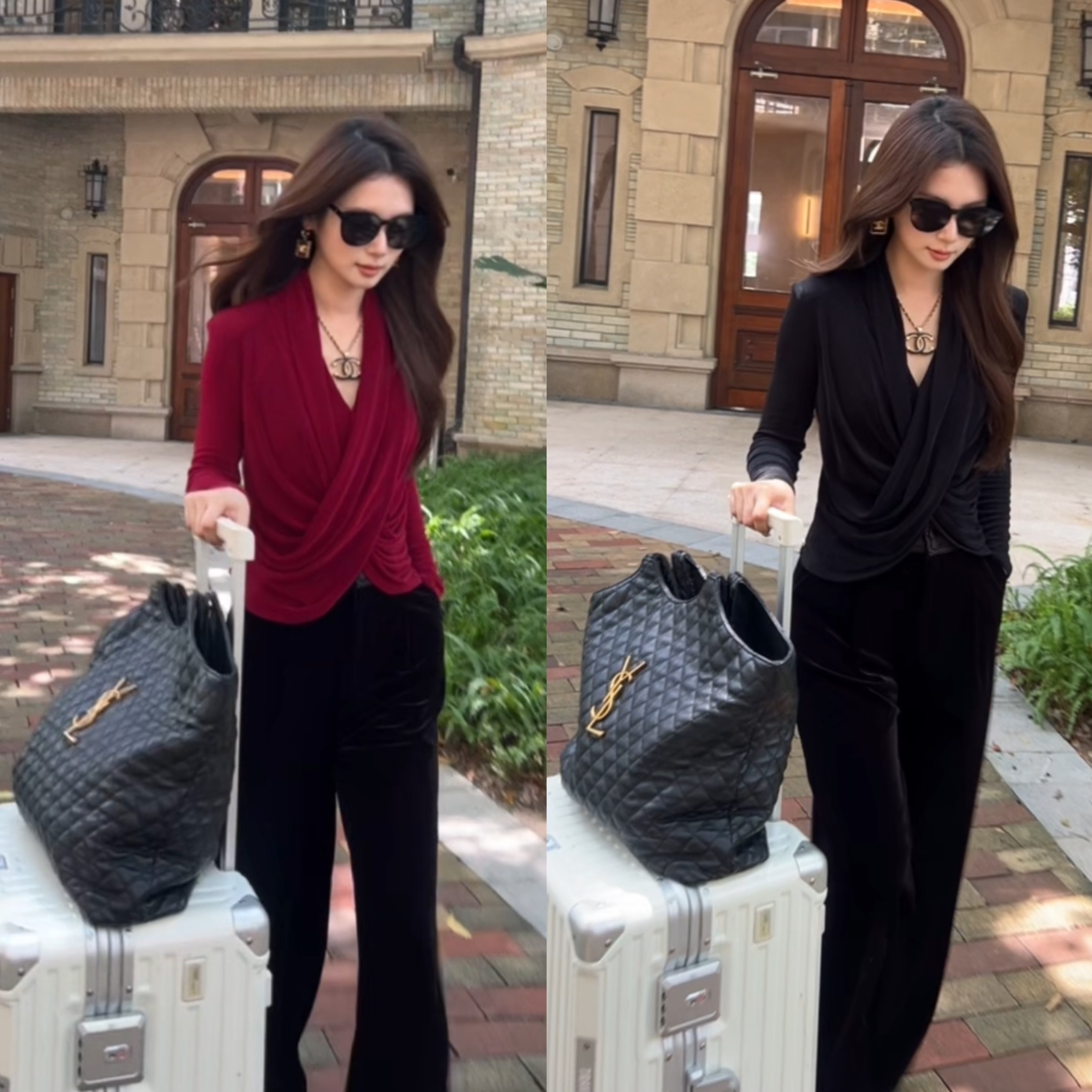 韵诗服饰-重磅醋酸针织交叉荡领自然褶皱立体垫肩修身上衣 400093