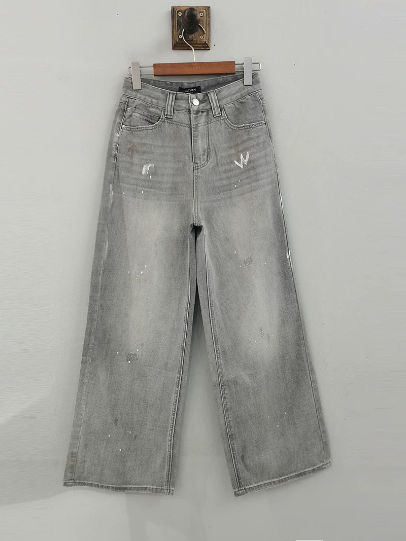 KCNFS04B麦寻2025夏做旧工地风通勤百搭高腰显瘦阔腿裤牛仔裤女