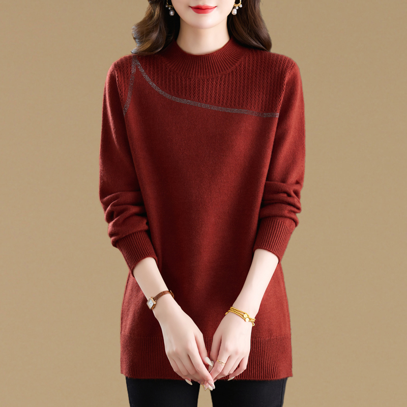 高端气质大码烫钻中长款毛衣女遮屁股秋冬新款宽松洋气针织打底衫