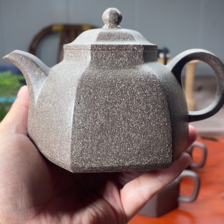 茶壶紫砂六方宫灯，手磨料（段泥）