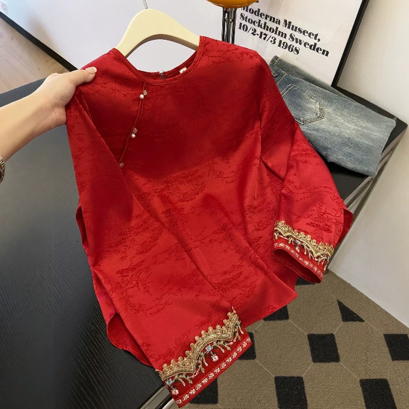 2025红色长袖刺绣衬衫秋季内搭8983