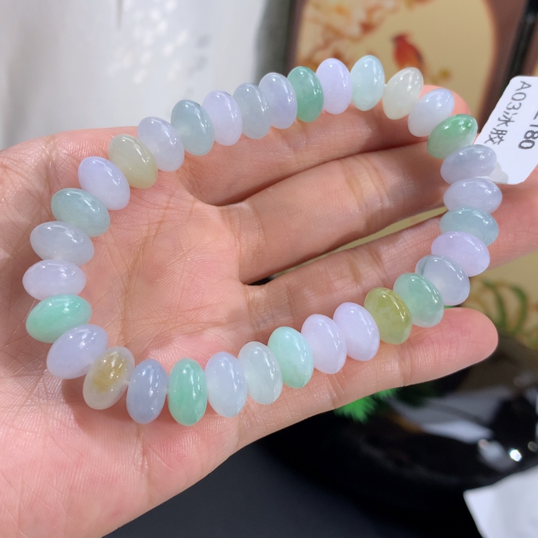 翡翠未镶嵌手串卡10胶润马卡龙鼓珠手串