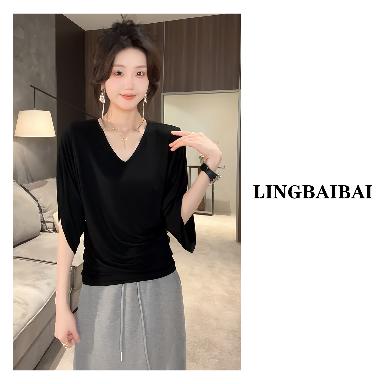 【蝙蝠袖V领】面膜感极简收腰垂感宽松袖子开叉夏季五分袖短袖T恤女