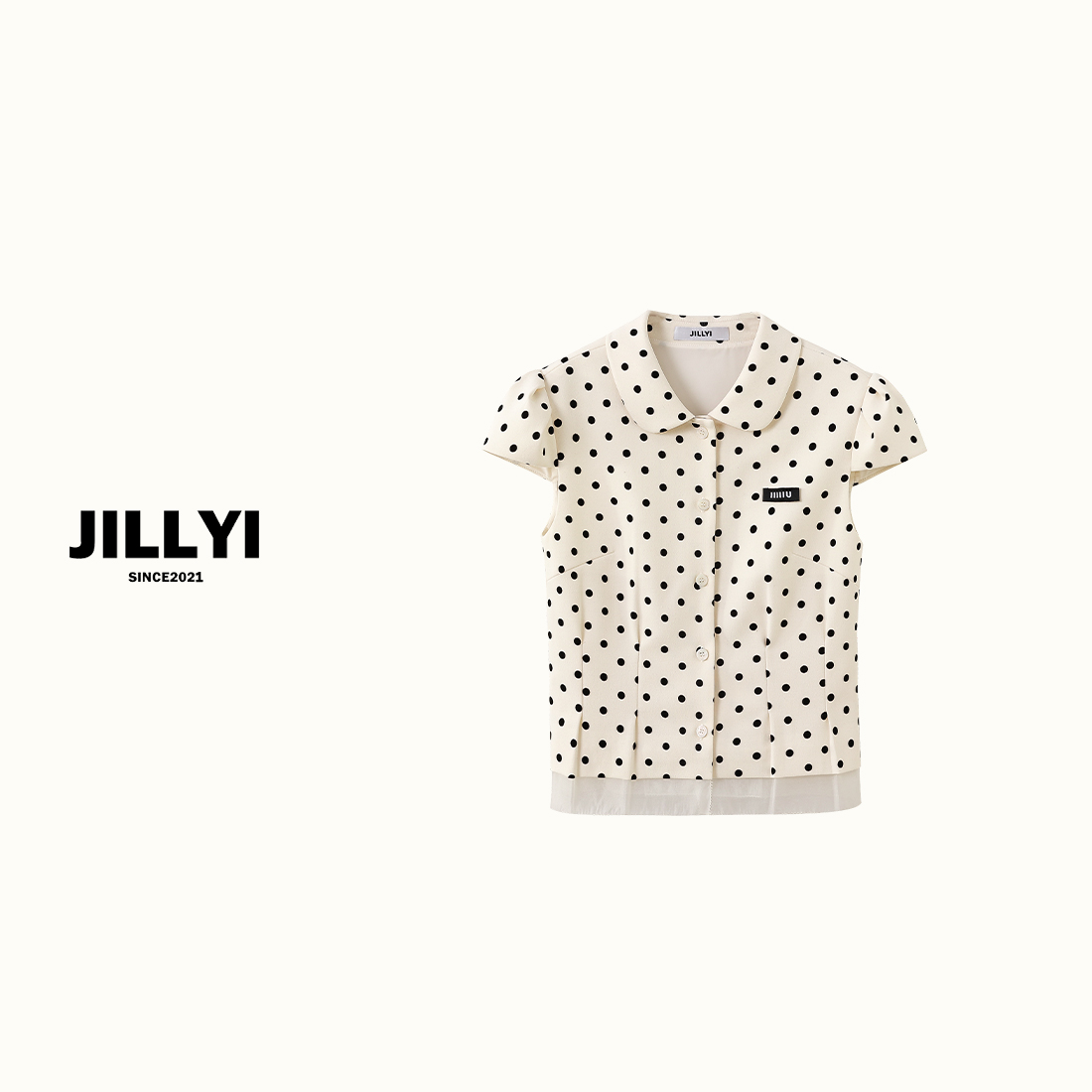 JILLYI南山店【赫本日记】浅杏色波点半开领时尚百搭T恤夏款休闲