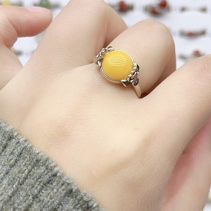 蜜蜡戒指银S925镶嵌天然