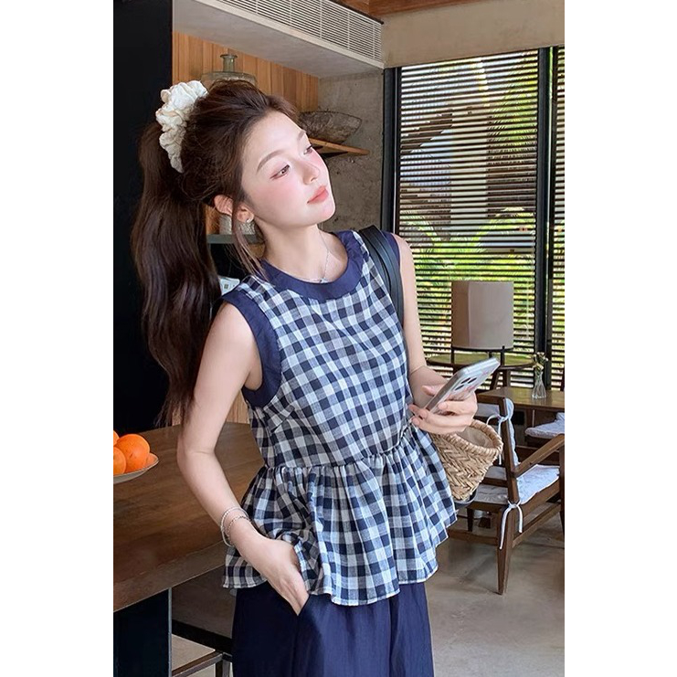 韩版复古撞色格子背心女2025新款小个子宽松无袖上衣洋气小衫9323