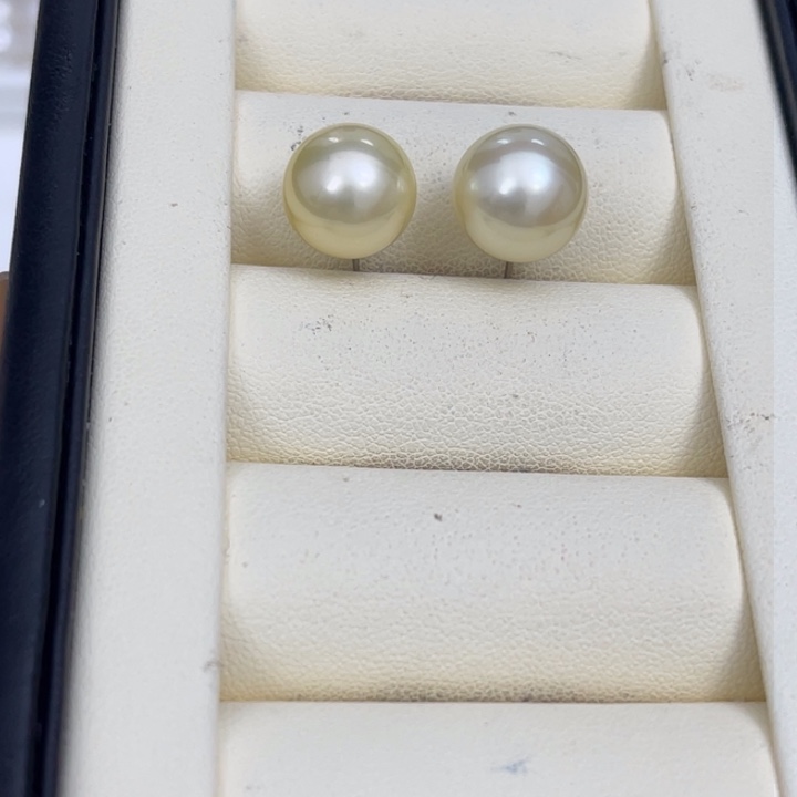 海水珍珠耳饰银S925镶嵌金珠干枯正圆素钉11-12mm