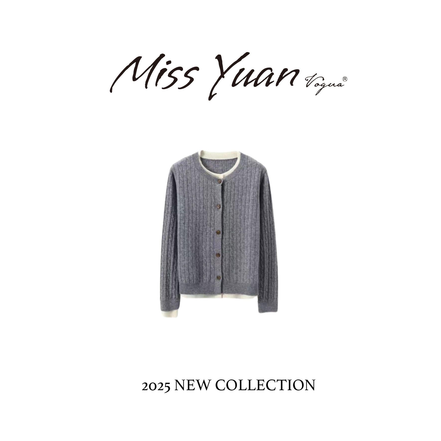 M.Y 媛总 秋冬叠穿假两件100%纯羊毛圆领麻花针织开衫女-8728