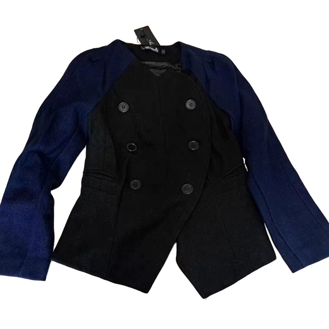 毛呢外套双排扣西装休闲蓝色上衣修身时尚黑色秋冬女装英伦风羊毛