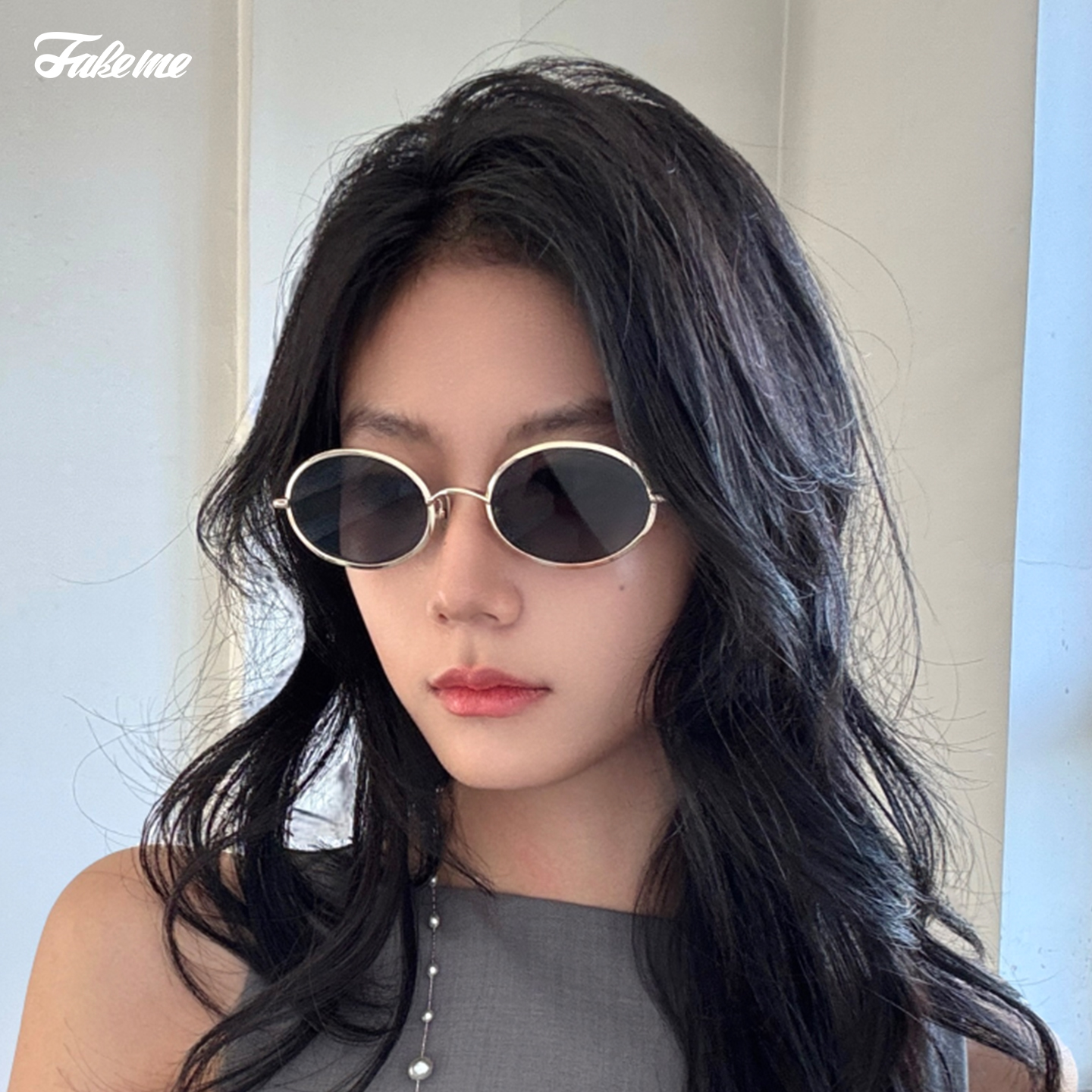 Fakeme时尚椭圆金属眼镜港风墨镜女防紫外线太阳镜小曲奇compass