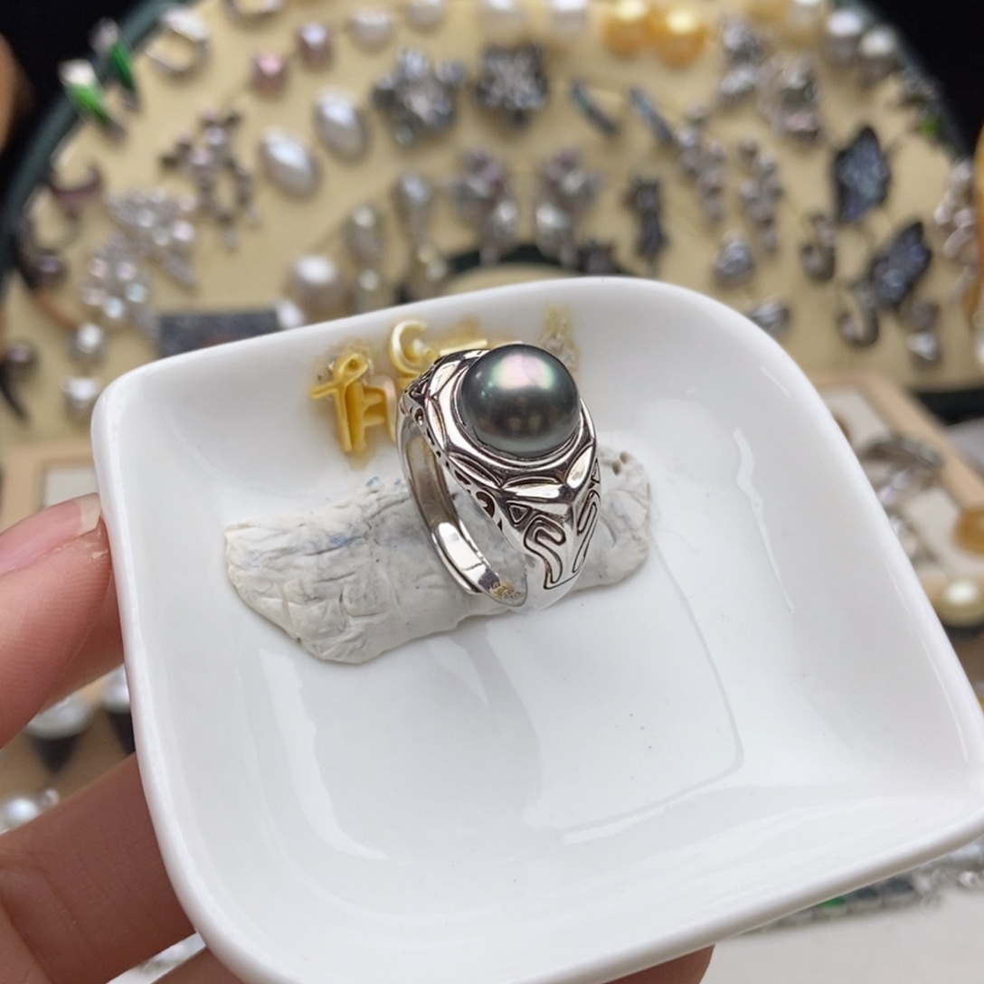 海水珍珠画框银S925镶嵌孔雀绿大溪地戒指