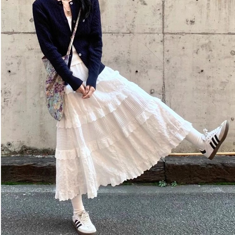蕾丝蛋糕裙女春夏新款高腰显瘦芭蕾风小个子白色a字半身长裙QF086