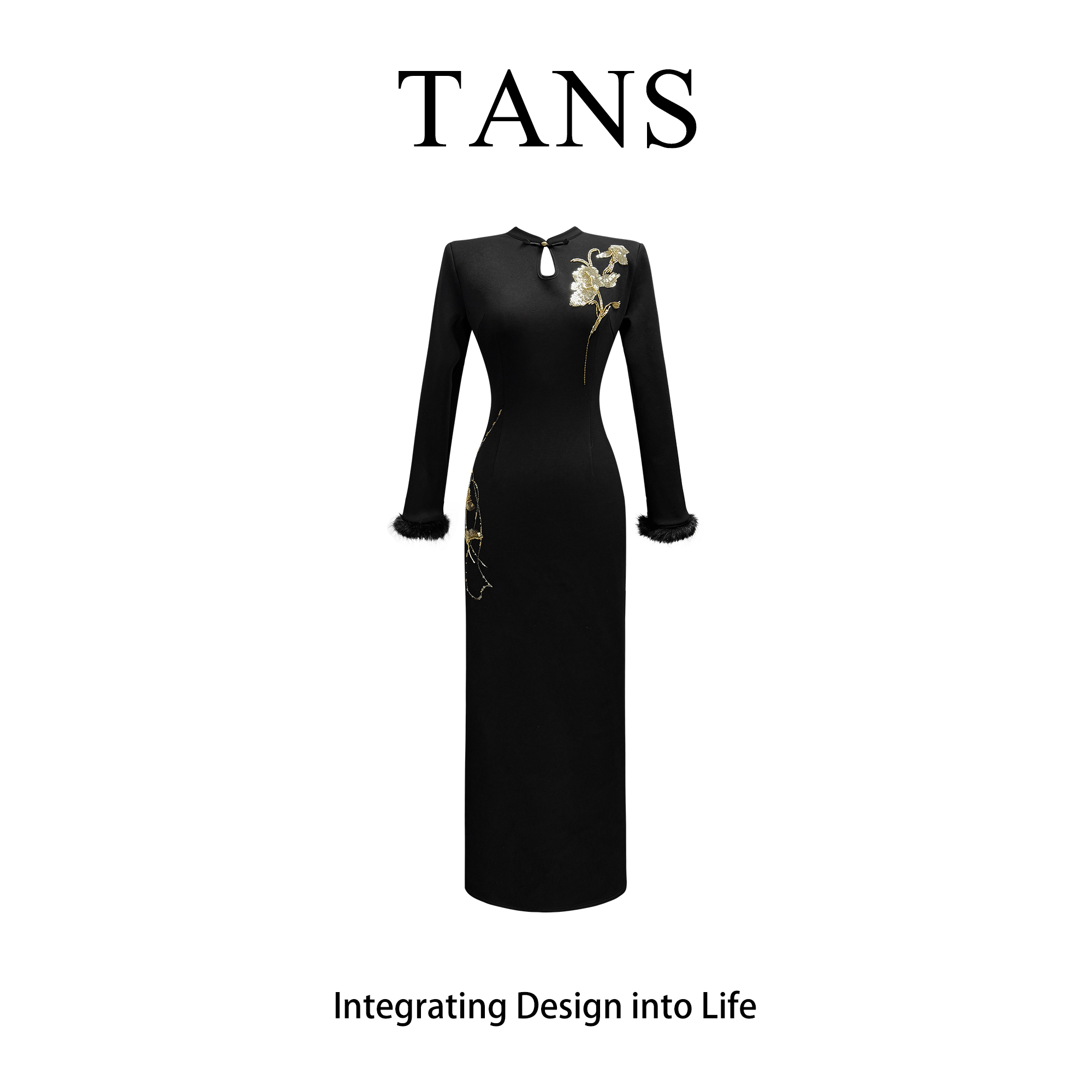 现货 TANS【秋冬新品】新中式小众国风设计感拼接改良连衣裙女冬