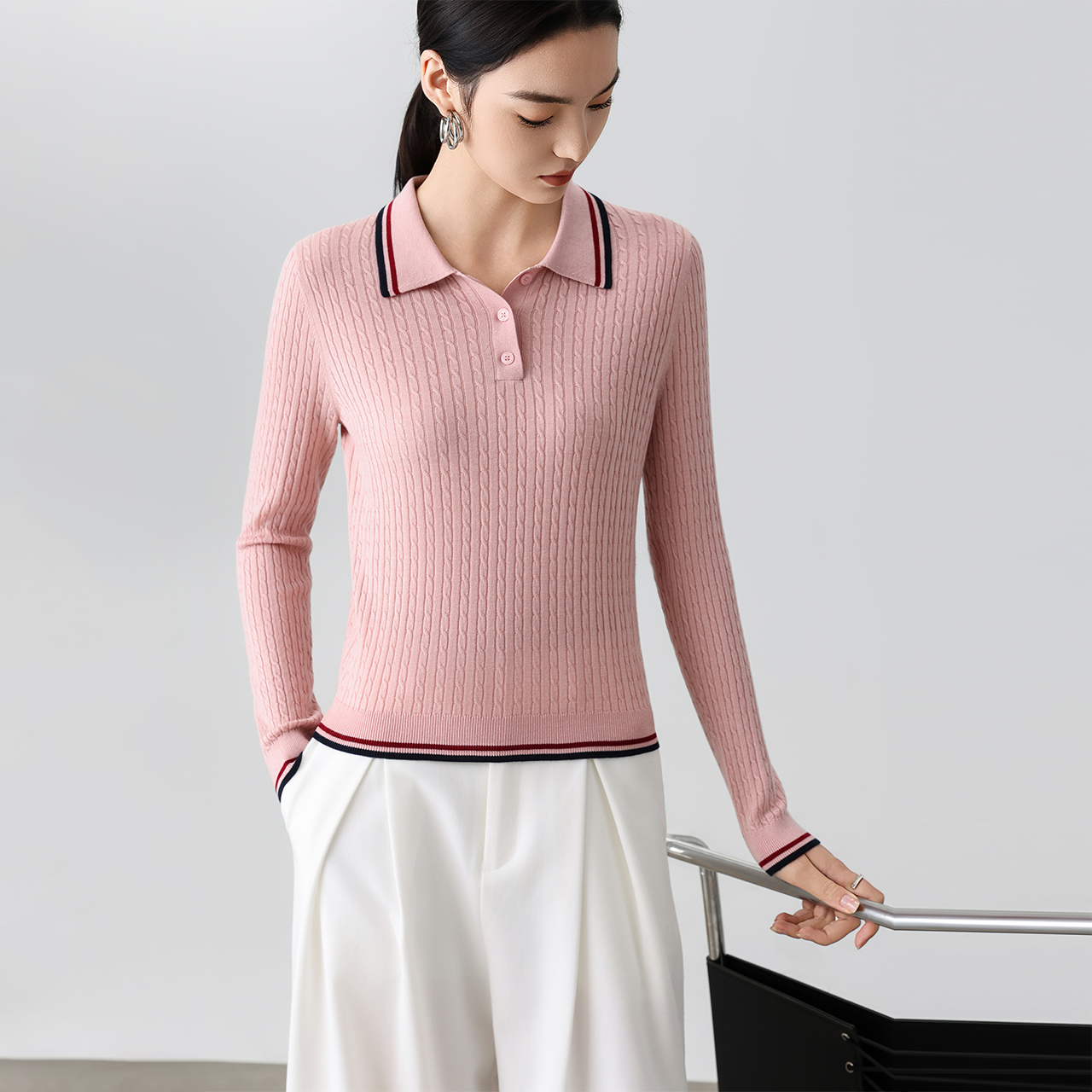 百搭通勤显瘦秋冬新款羊毛针织polo领女气质撞色上衣