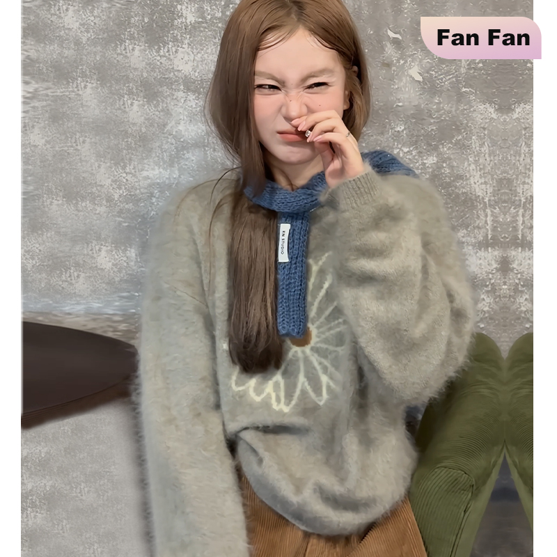 高端货~小雏菊刺绣马海毛羊毛毛衣女韩国秋冬套头减龄宽松针织衫