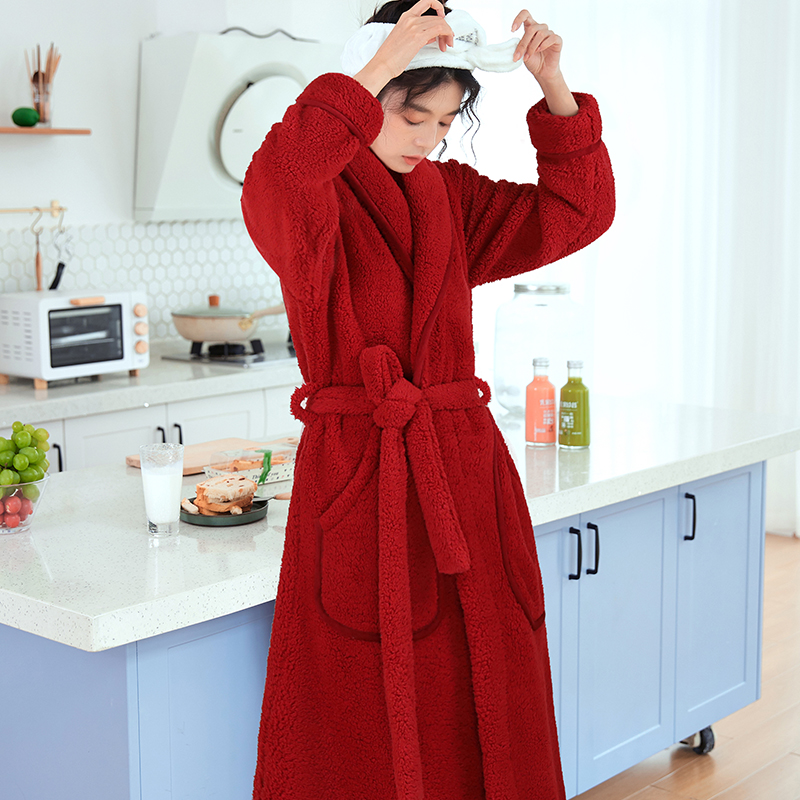 加厚珊瑚绒新婚情侣喜庆结婚大红家居服男女新年本命年秋冬款睡袍