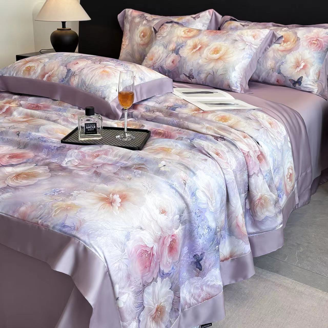 【春野夏凉被】粉紫色四件套可机洗裸睡凉感空调被子数码印花夏被