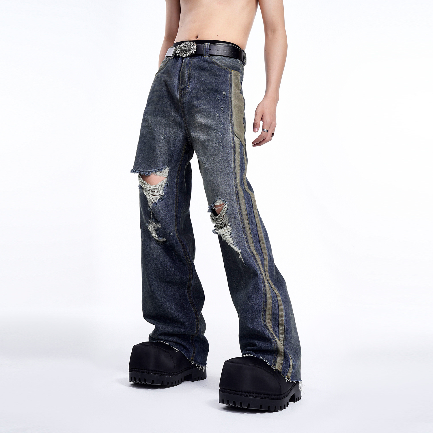 美式高街vibe牛仔裤男夏季不规则破洞设计直筒长裤