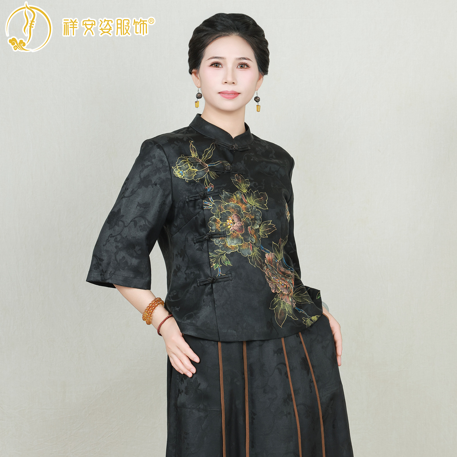 [国色天香]香云纱手工彩绘重磅提花气质上衣G622329-5/G512329-1