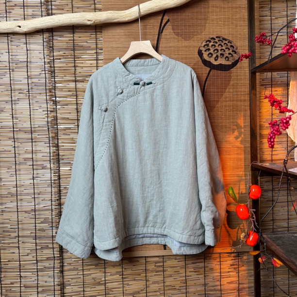 亚麻纯色中式盘扣斜襟手工缝线套头棉衣（衣长70胸围140）