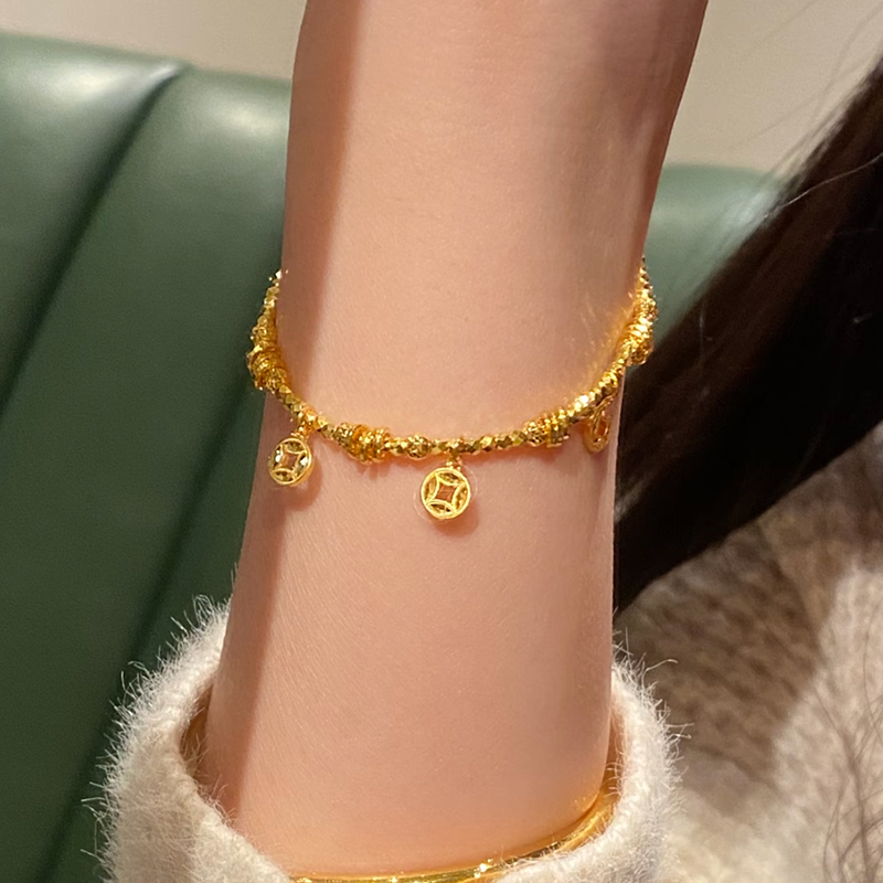 铜合金手链 钱多多爆闪铜钱碎碎冰盘缠手链女小众手串设计感配饰