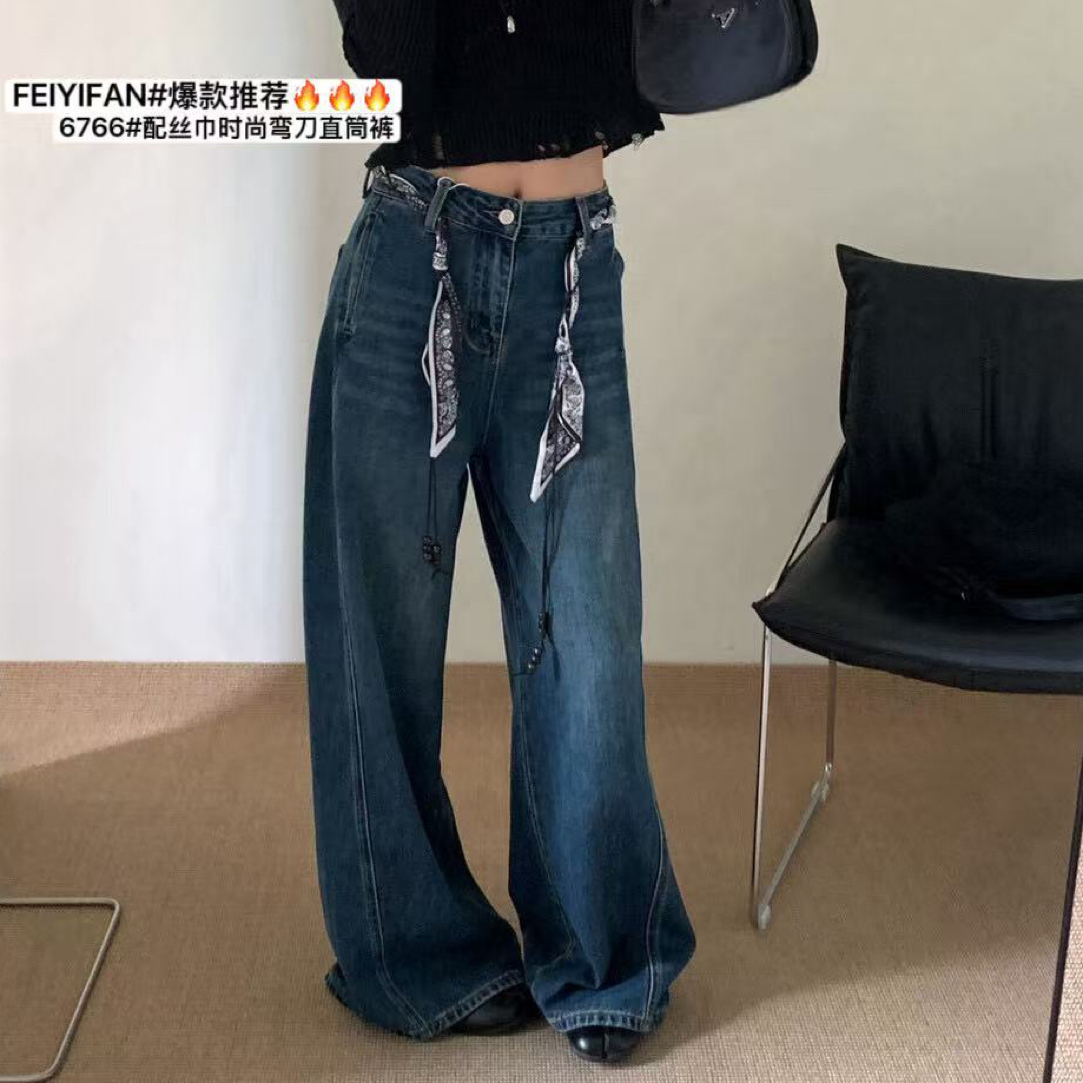 林玲～早秋新款丝巾腰带复古无弹牛仔弯道阔腿裤女裤