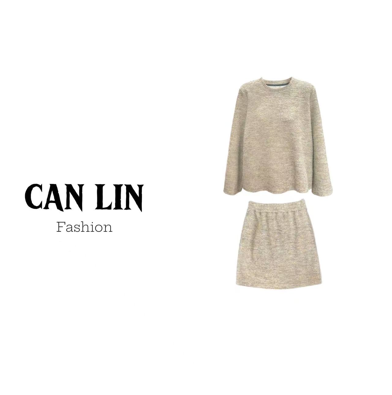 CAN LIN秋冬款圆领长袖套头衫松紧腰短裙套装银丝设计感[3%羊毛]