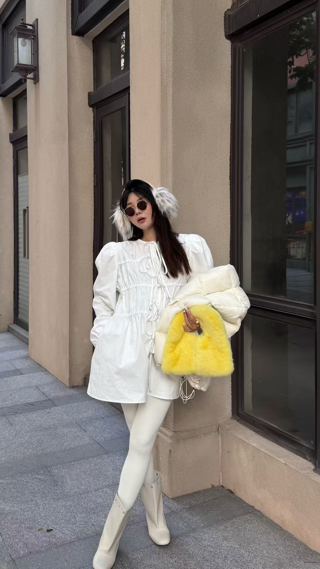 吉吉【天女降世】新款时尚设计感绑带加厚磨毛连衣裙#3108 C80