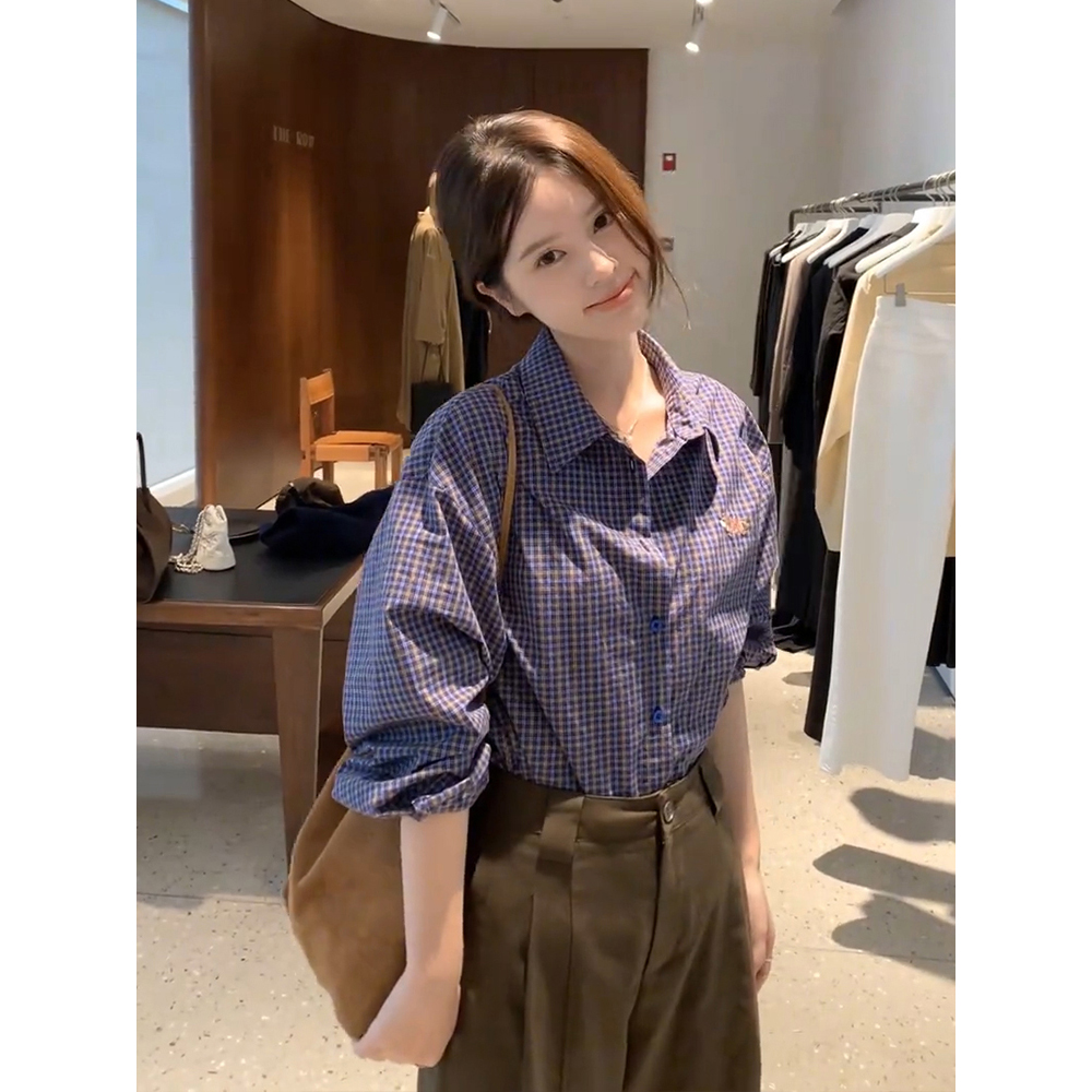 韩系蓝色格子polo领长袖衬衫外套女秋季流行穿搭显瘦宽松开衫上衣