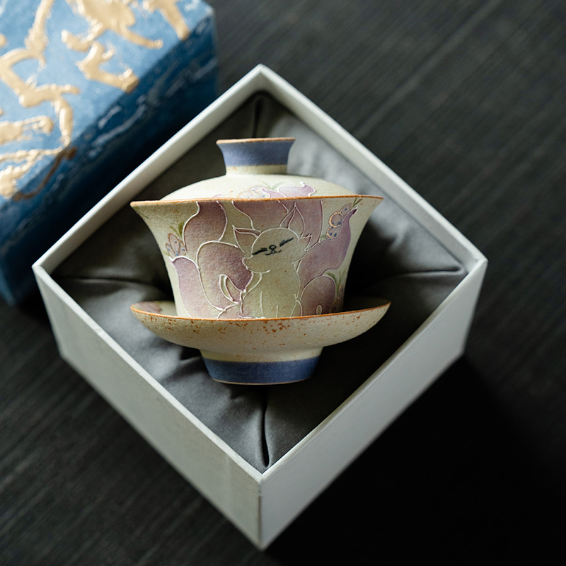 赞朴火石红纯手绘九尾仙狐三才盖碗茶杯防烫陶瓷茶具女家用泡茶碗