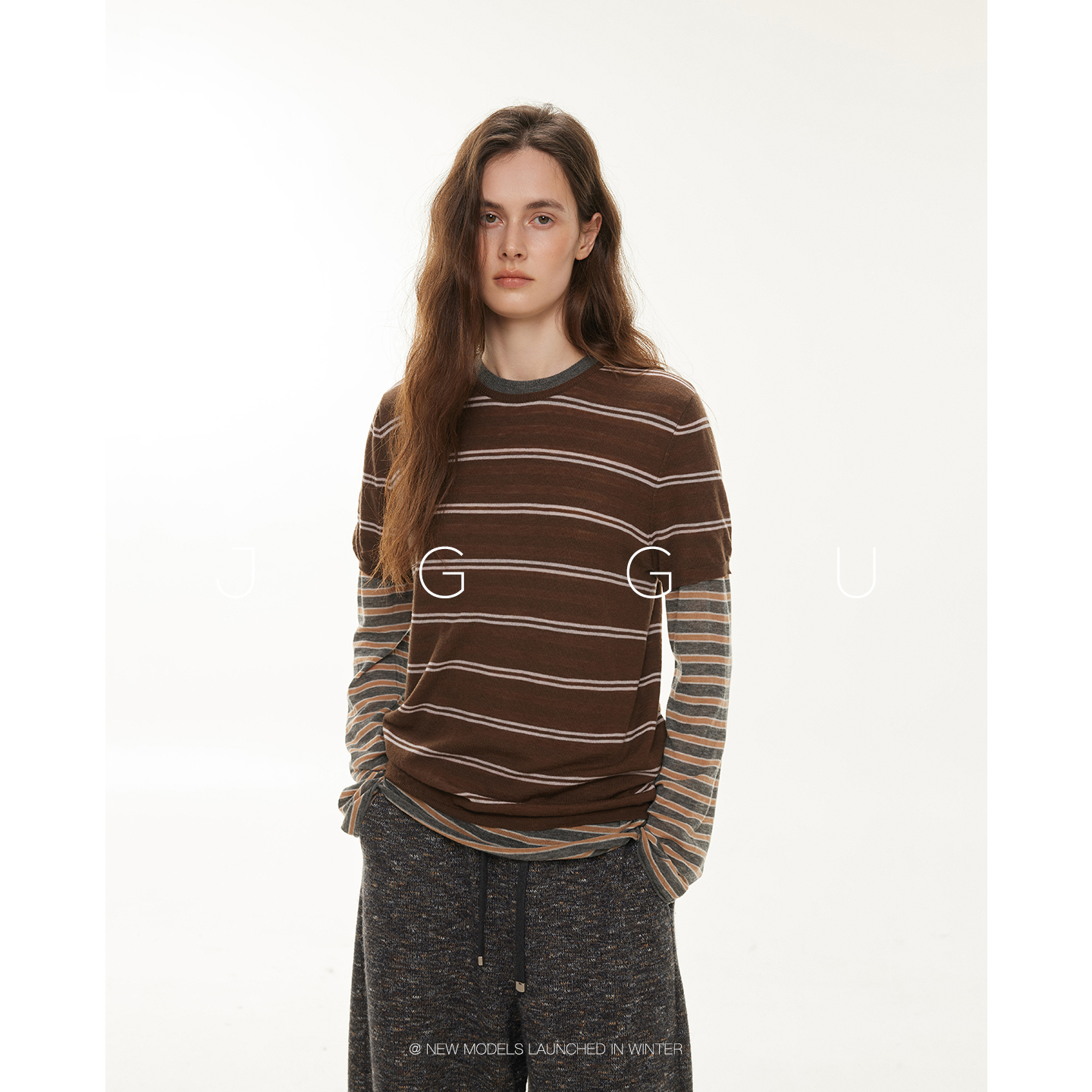 JGGU晶咕黑标【双生条纹】水溶羊毛条纹撞色袖针织JG1A4MY012A