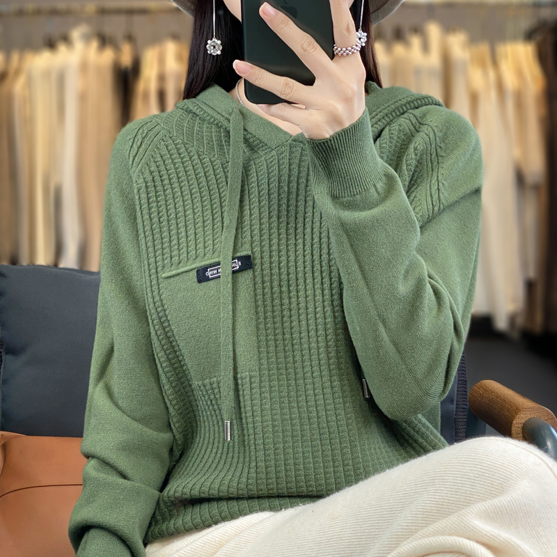 连帽针织卫衣女秋冬新款洋气带帽毛衣上衣外套宽松打底帽衫A835