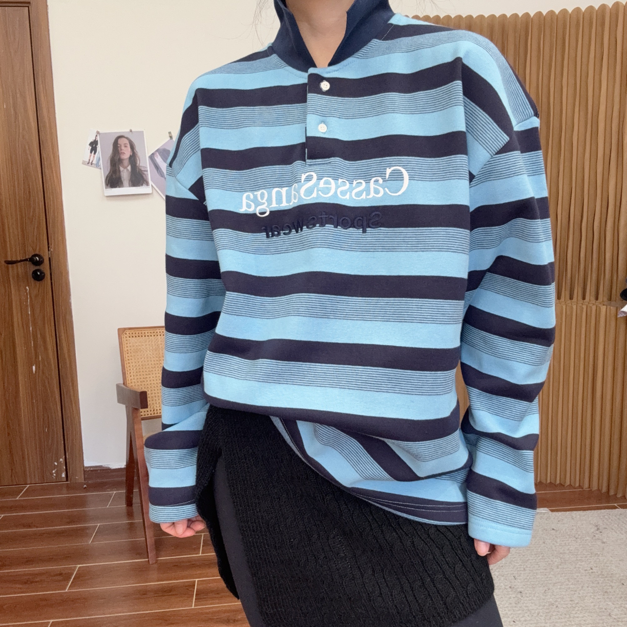 （酱蟹）加绒韩版条纹Polo领长袖时尚T恤上衣