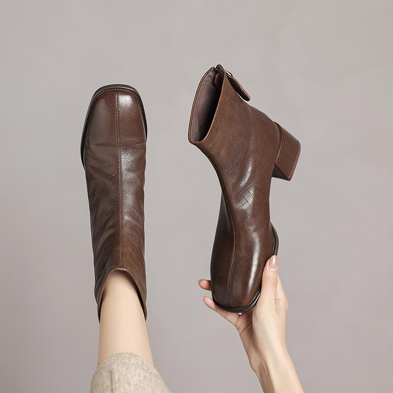 羊皮！棕色靴子短靴女春秋单靴中跟粗跟方头后拉链气质通勤及踝靴