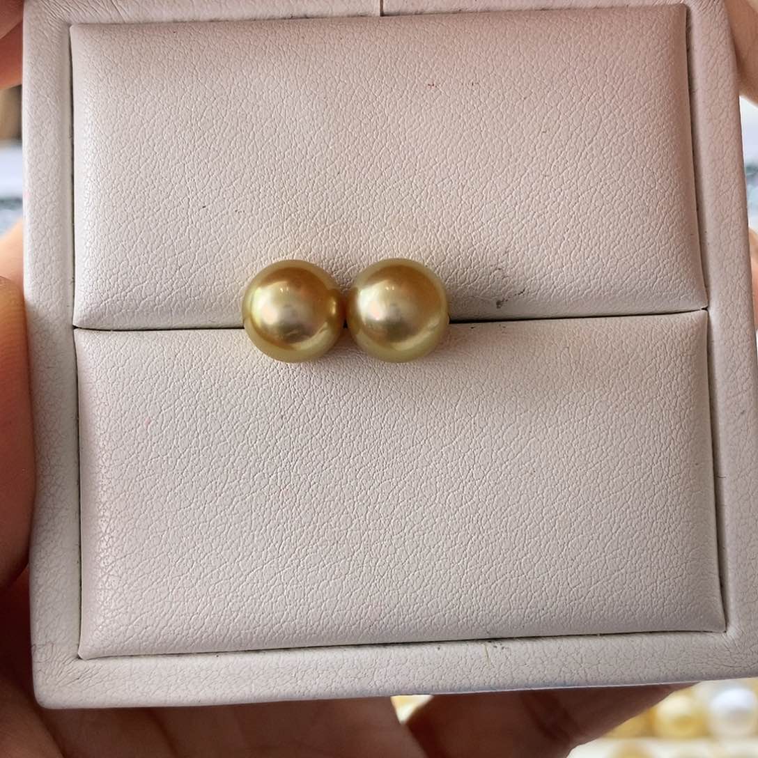 海水珍珠耳饰18K金镶嵌南洋金珠8-9m m