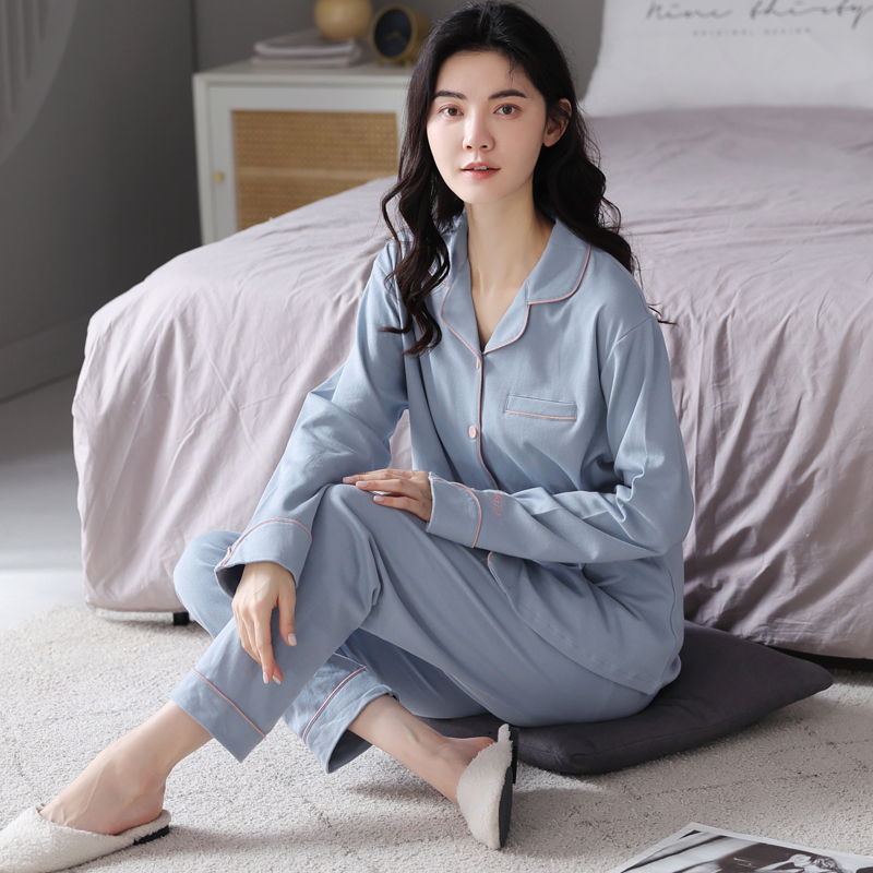 郑小姐~100双面棉女家居服秋冬季纯棉睡衣长袖套装纯色简约风睡衣