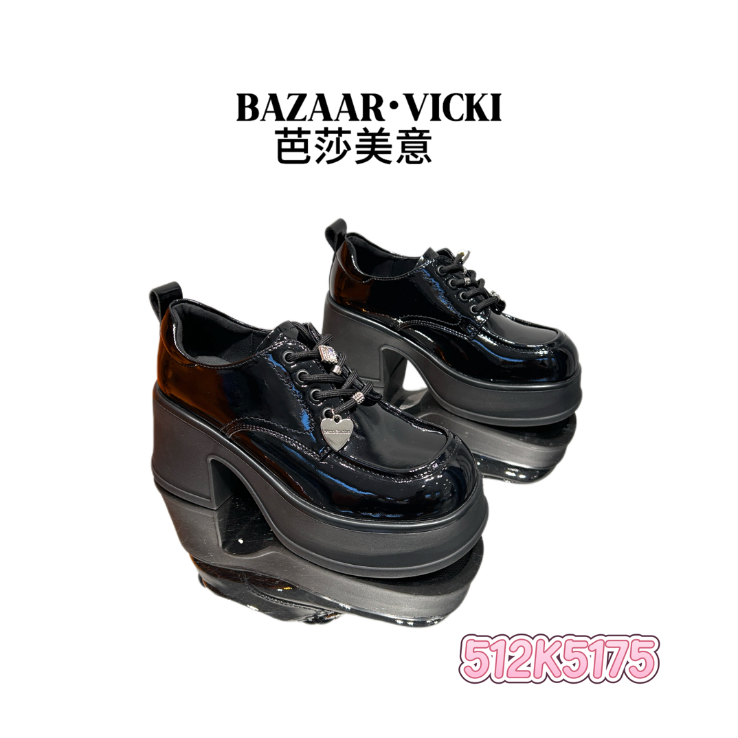 BAZAAR VICKI/芭莎美意512K5175粗跟深口圆头交叉绑带高跟乐福鞋