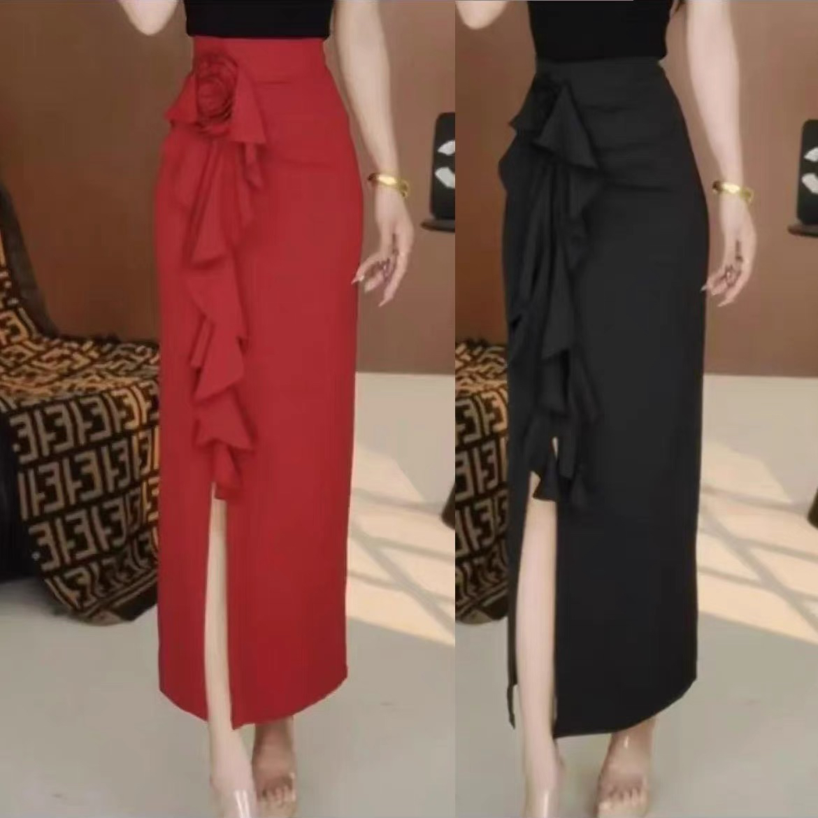 法式纯欲风花朵不规则开叉半身裙夏季新款女中长款高腰显瘦长裙子