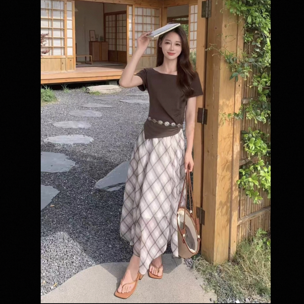 【海南简爱】圆领短袖上衣搭配高腰格纹半身裙时尚女装套装13
