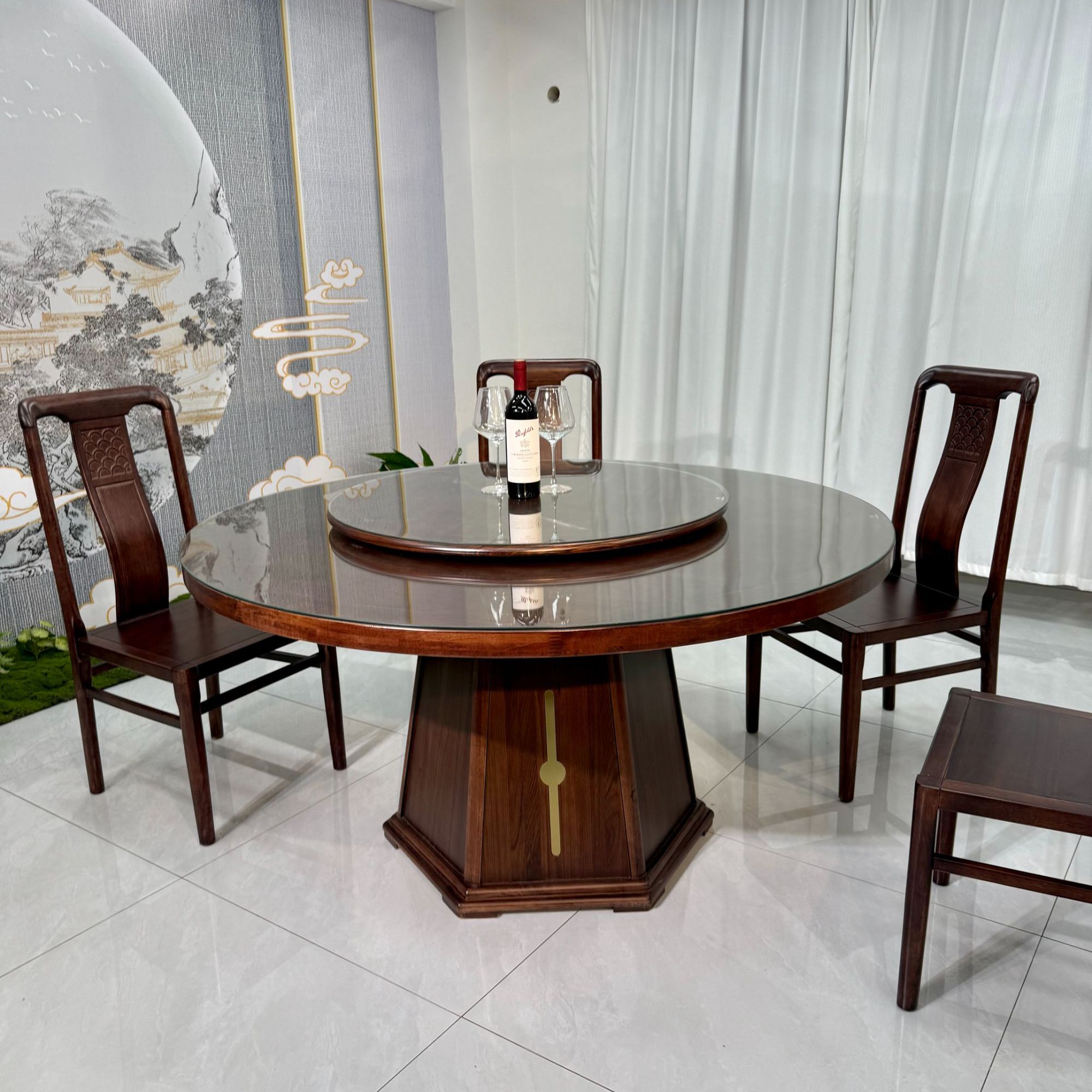 629#乌金木全实木餐桌家用古典餐厅吃饭大圆桌新中式转盘榫卯餐桌