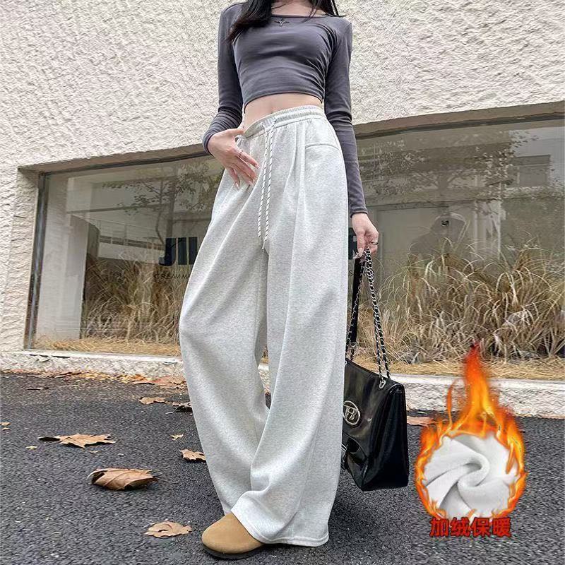 【断码清】加绒加厚白灰色运动裤冬季高腰宽松大版百搭休闲阔腿裤女