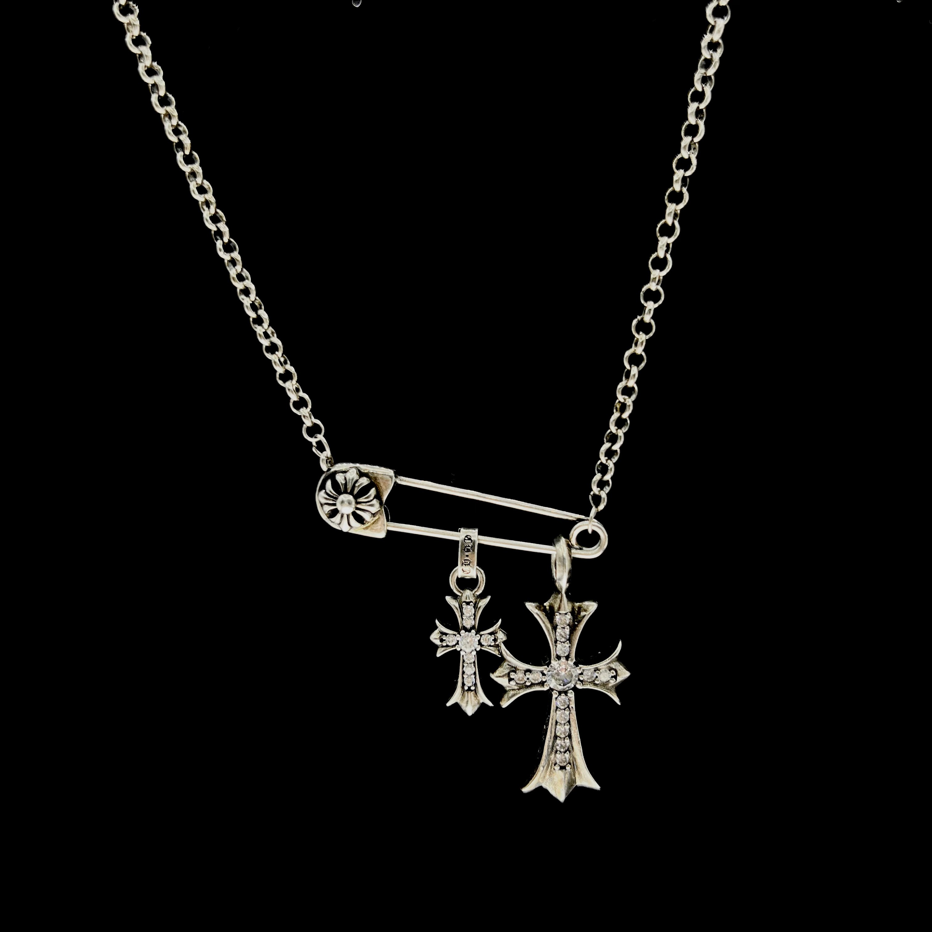 铜合金合成锆石项链 022号 珂珂家【复古 别针】双十字架男女潮流